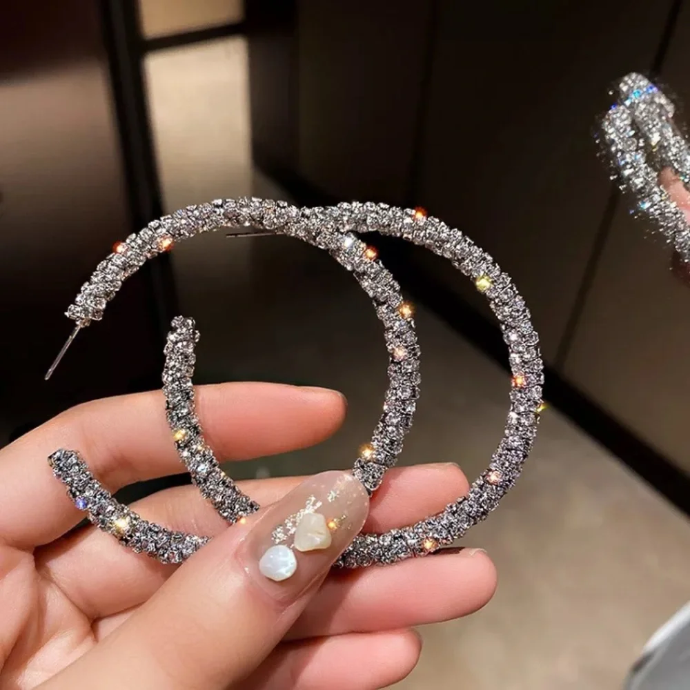 🌟 Gorgeous Rhinestone Silver Hoop Earrings